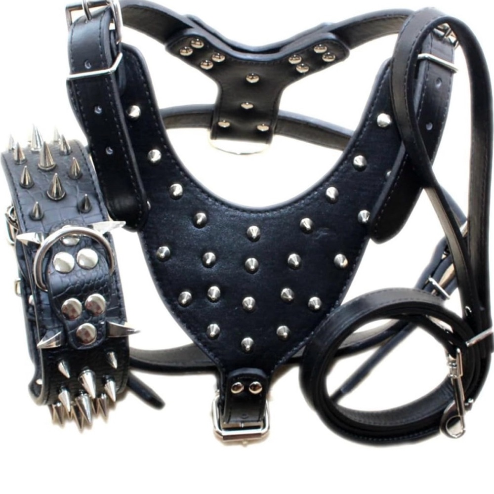 Leather Sharp Spiked Studded Dog Collars, Harnesses & Leashes 3Pcs Matching Set